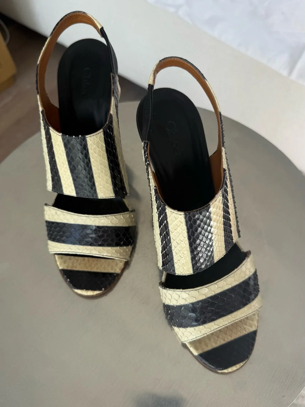 Chloe Black and Cream Striped Slingback Heels - Picture 3 of 5